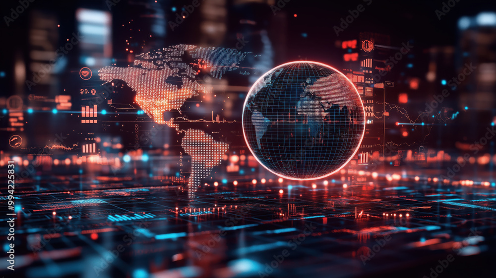 Poster digital world map with data visualization elements in futuristic cityscape