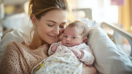 a happy mother holding her newborn baby in a hospital bed bonding for the first time after delivery in a peaceful healthcare environment filled with warmth and nurturing care