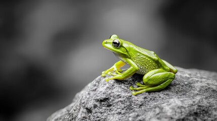 Naklejka premium Vibrant Green Frog Standing Out on Gray Rock
