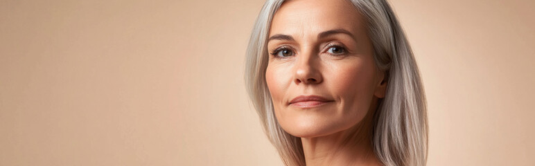 Fototapeta premium Portrait of serene mature woman with gray hair and light background