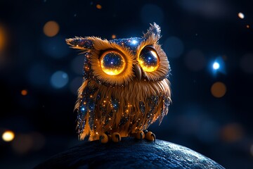 A wise owl perched on the edge of a planet, its feathers made of galaxies and its eyes glowing with the reflection of distant stars