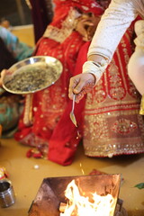 A bride in traditional attire performs a sacred ritual, offering prayers to the holy fire during a Hindu wedding ceremony.
