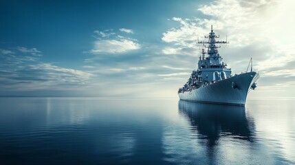 Obraz premium A naval battleship cruising through calm waters under a bright sky on Navy Day