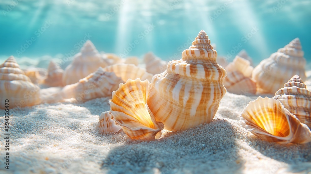Poster shadows of seashells on a blue underwater background with a close-up view of marine textures and nat