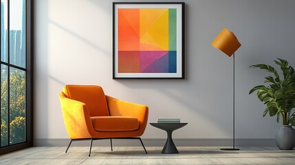A modern photo frame with a clean, geometric design, holding a vibrant art print in a contemporary living room