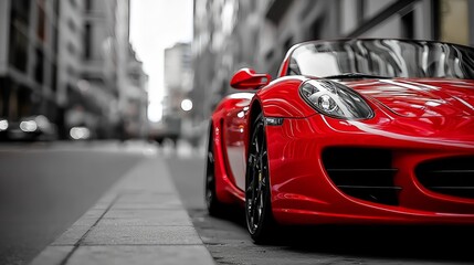 Vibrant Red Sports Car Standing Out on Gray Street Background