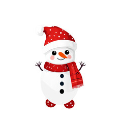 Cute cartoon snowman with hat and scarf. Winter clip art.