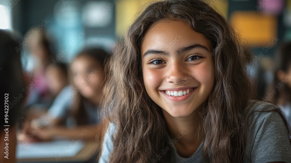 Poster a high school student smiling in a classroom during a group project as classmates collaborate on sch