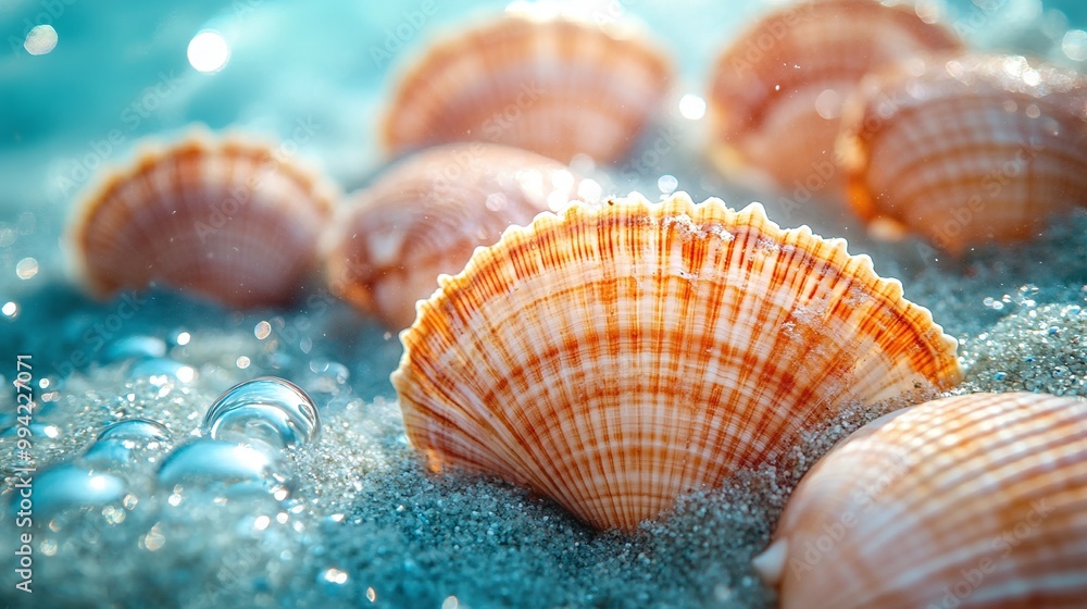 Poster shadows of seashells on a blue underwater background with a close-up view of marine textures and nat