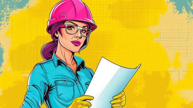 Fototapeta Pop art concept woman architect with hard pink helmet holding blueprint 
