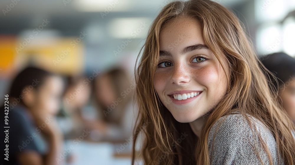Poster a high school student smiling in a classroom during a group project as classmates collaborate on sch