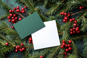 Festive holiday card and green envelope on pine branches with red berries
