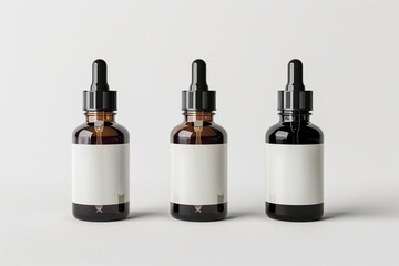 3 empty black amber glass dropper bottles with blank white label mockups, white background, straight view