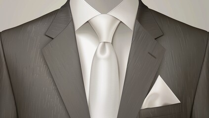 A close-up of the collar and tie on an elegant suit, rendered in a art style.
