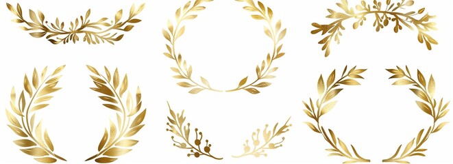 Gold Wreath Set, Golden horizontal laurel wreaths isolated on a white background.