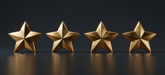 Obraz premium 3D illustration of four golden five-pointed stars arranged in a row, with a minimalistic black background