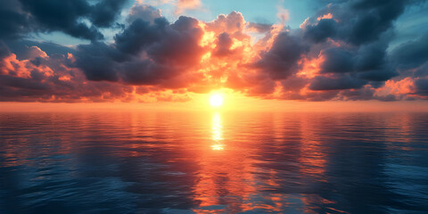 Obraz premium Golden Sunset Illuminates a Vast Ocean with Dramatic Clouds Overhead