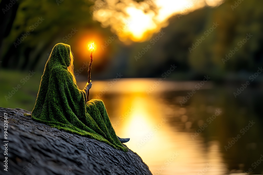 Poster a witch dressed in a mossy green cloak, sitting on a large tree branch overlooking a tranquil river.