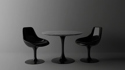 A stylish tulip table stands with sleek black chairs in a serene modern room