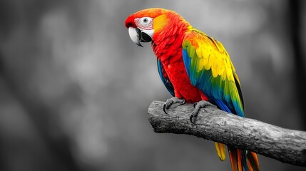 Obraz premium Vivid Parrot on Gray Branch: Colorful Bird Standing Out Against Monochrome Background