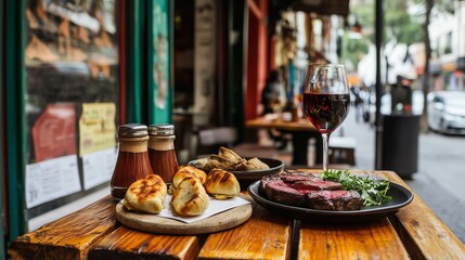 Juicy beef steak and empanadas, glass of wine on a table of a street cafe in Buenos Aires, Argentina. National cuisine of Argentina. Argentine wine.