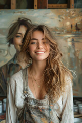 Naklejka premium Happy artist young woman standing and posing in workshop studio interior on different portraits background.