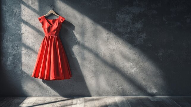 Vibrant Red Dress Hanging on Gray Wall - Contrast of Colors in Minimalist Setting