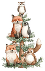 Naklejka premium PNG Forest animals christmas penguin tree.