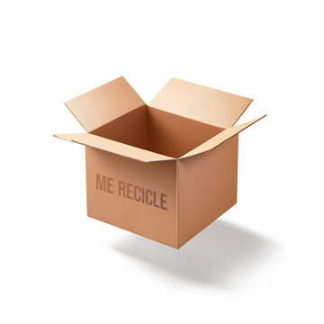 Caixa de papel&atilde;o aberta, quadrada, com texto me recicle em fundo transparente sem fundo