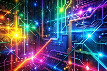 Futuristic Hacker Desktop Background with Code, Circuit Patterns, and Neon Colors for Cybersecurity Themes