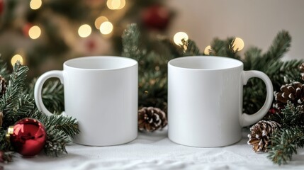 Pair of White Mugs Mockup Surrounded by Christmas Pine Wreath