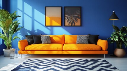 creative modern living room decor with bold blue walls and vibrant orange furniture, perfect for adding a touch of contemporary style and color to the home