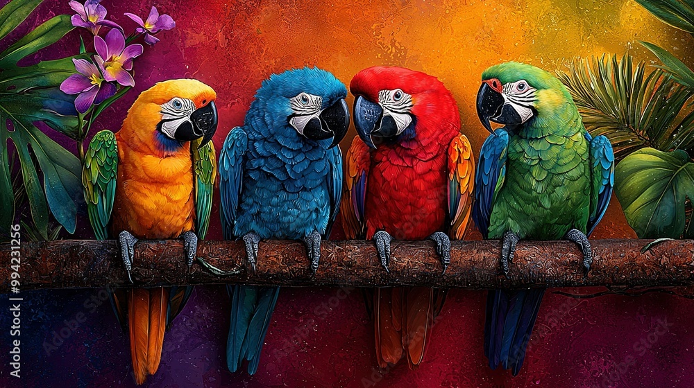Poster a colorful group of parrots perched on a branch in front of an array of lush tropical flora on a viv