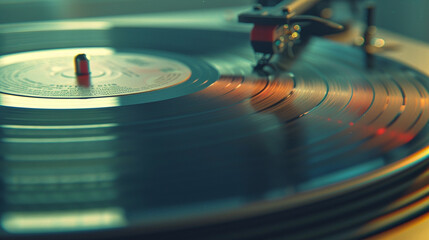 A medium close-up of a retro vinyl record spinning on a turntable, with soft light reflecting off...