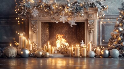 Elegant holiday fireplace featuring gold and silver accents, metallic garlands, and shimmering firelight for a lavish Christmas celebration. Holiday fireplace