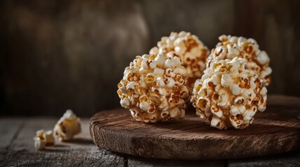 Three popcorn balls on a wooden cutting board.