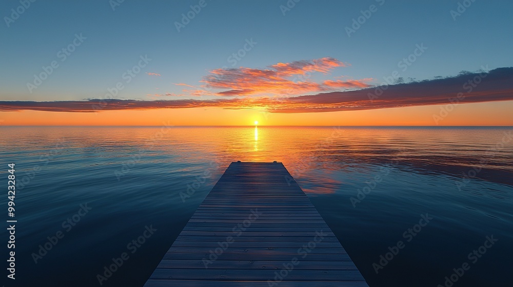 Poster a dock extends into a body of water with the sun setting in the distance and clouds in the sky above
