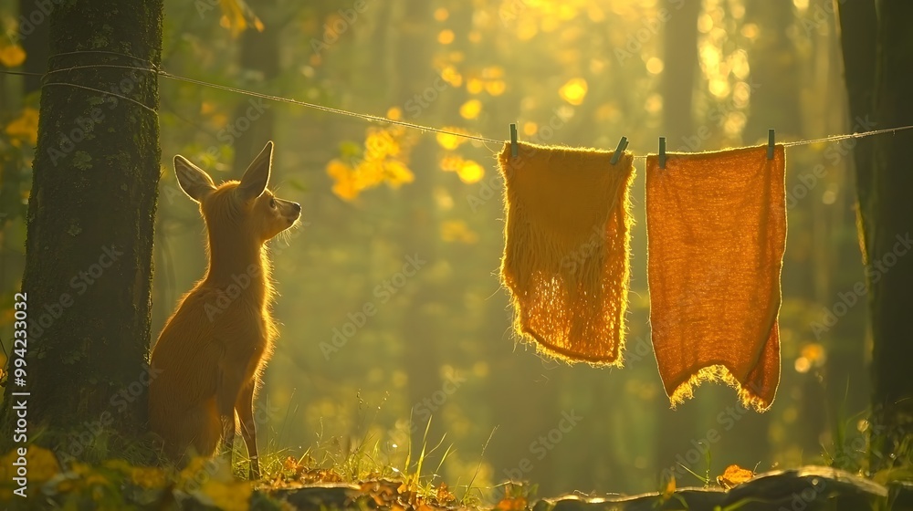 Poster a deer curiously examining its own fur hanging on a clothesline strung between the trees in a serene