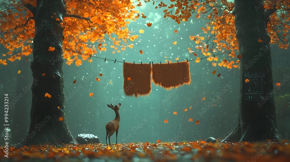 Aufkleber A deer s brown fur hanging delicately on a clothesline between two trees in a serene and tranquil forest setting creating a minimalist and atmospheric natural landscape