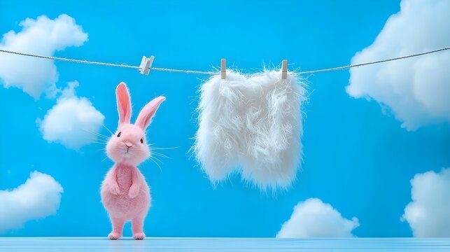 A furry white rabbit standing on a clothesline its soft downy fur hanging to dry in the breeze  The rabbit appears pink and furless creating a minimalist natural scene