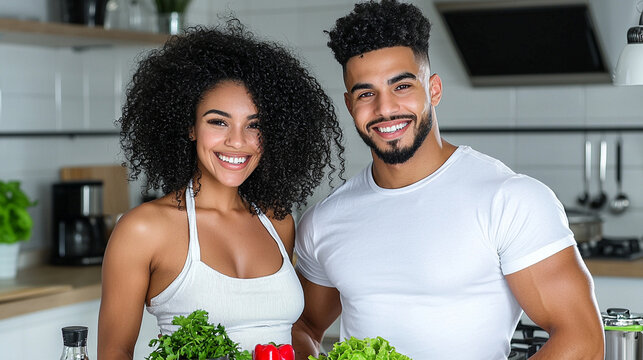 ouple cooking together in a bright kitchen