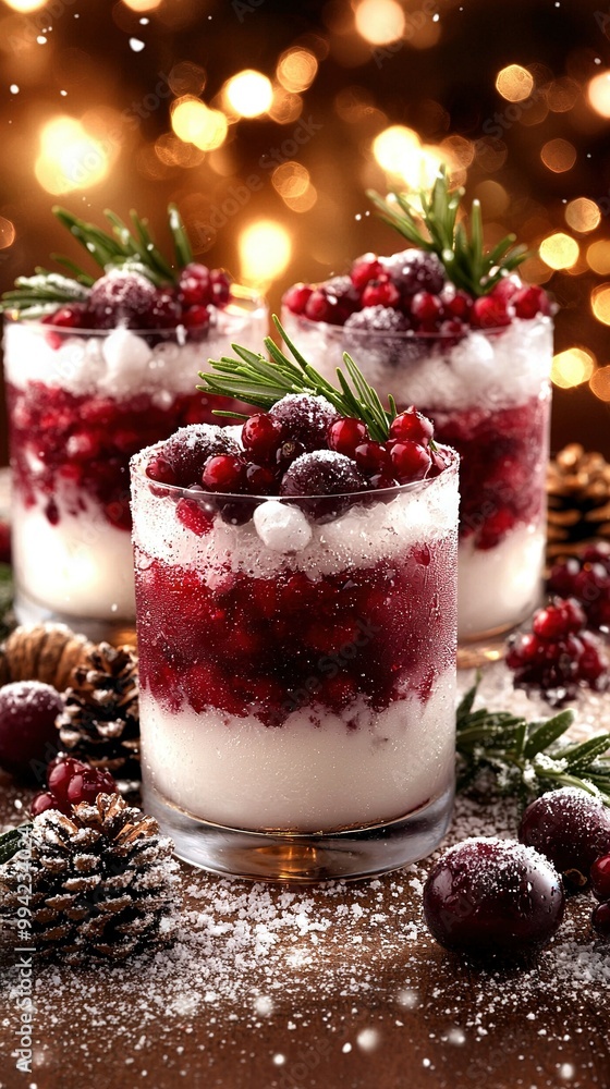 Poster a macro shot featuring two desserts adorned with cranberries and pine cones on a table with ambient 
