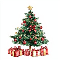 Stock illustration of a watercolor christmas tree with gift boxes and presents.