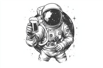 Printed design for t-shirts or mugs of an astronaut holding beer in space.
