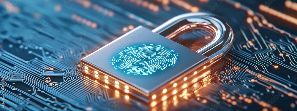 Poster computer motherboard close-up with safety lock, login and credentials verified wide banner design as