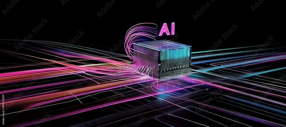 Poster stock image of an stock word on a microchip with a vividly colored light spread, with a strong beam 