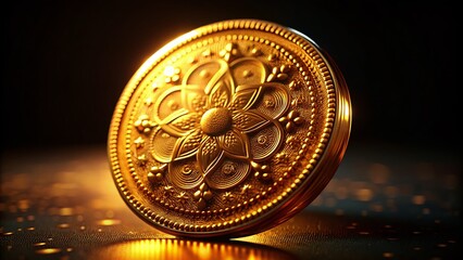 Glimmering Five D Gold Coin on a Dark Background Reflecting Light and Showcasing Intricate Details