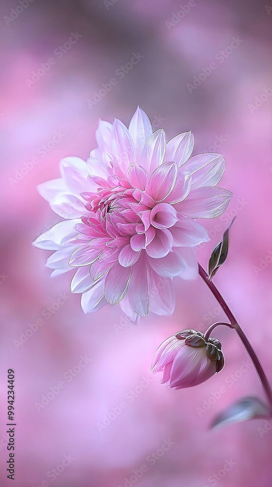 Poster a zoomed-in image of a single pink blossom on its stem surrounded by a hazy backdrop of numerous pin