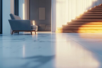 Fototapeta premium In this 3D background, we see a white marble floor tile in a brown wall hall, a luxury living room with beige sofas, side tables, and a wooden staircase in sunlight from floor to ceiling sheer