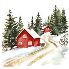 Fototapeta premium Christmas illustration with watercolor winter house on transparent background.